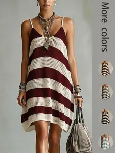 Sling Halter Dress, Wide Stripes, Boho Style, Knit, Hollow Out Breathable, V Neck Design, Beach Vacation Outerwear
