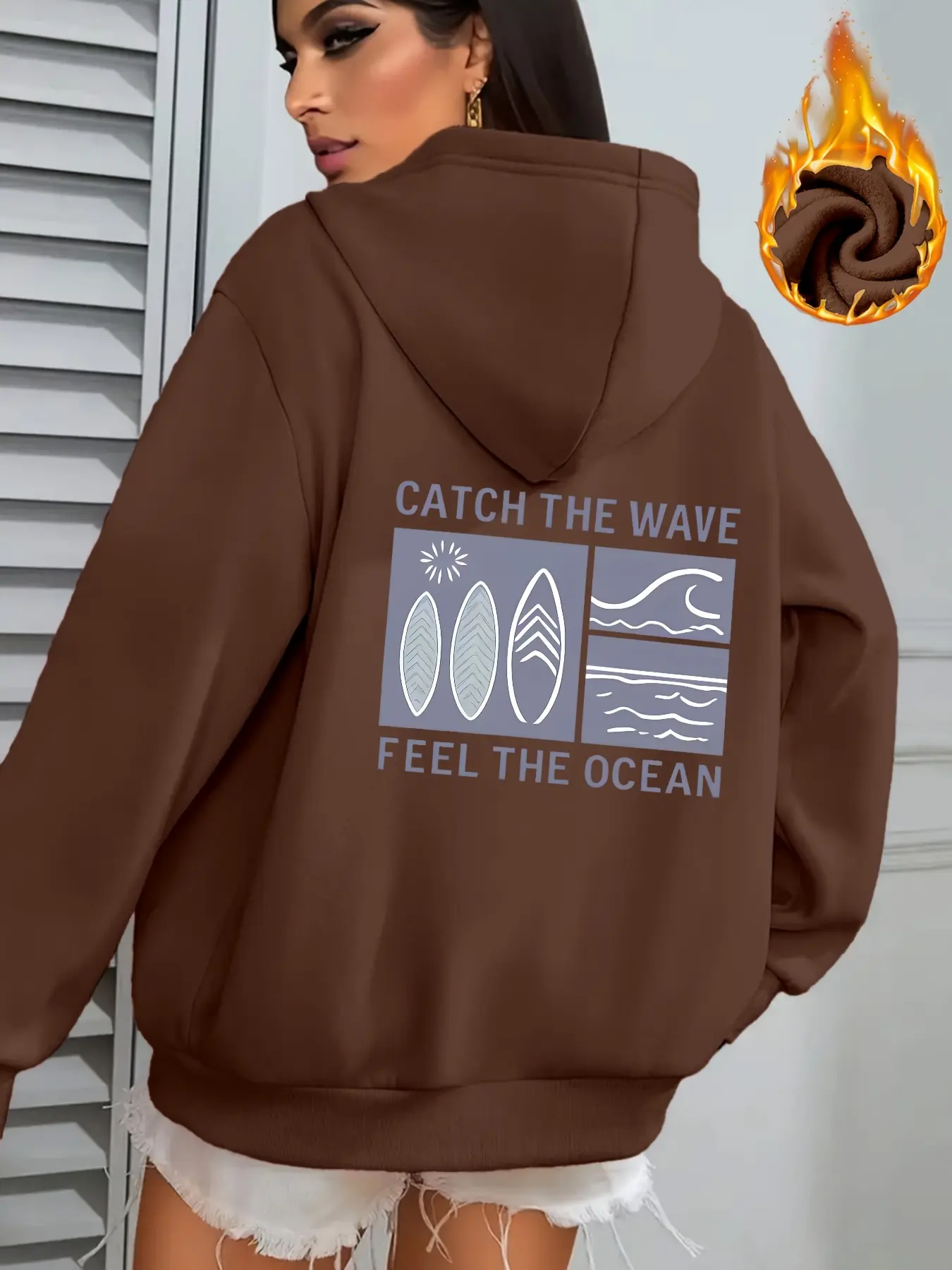 Women's casual sports hoodie with back print of surfboards and waves, full ocean vibe, soft fabric and relaxed fit for daily wear.