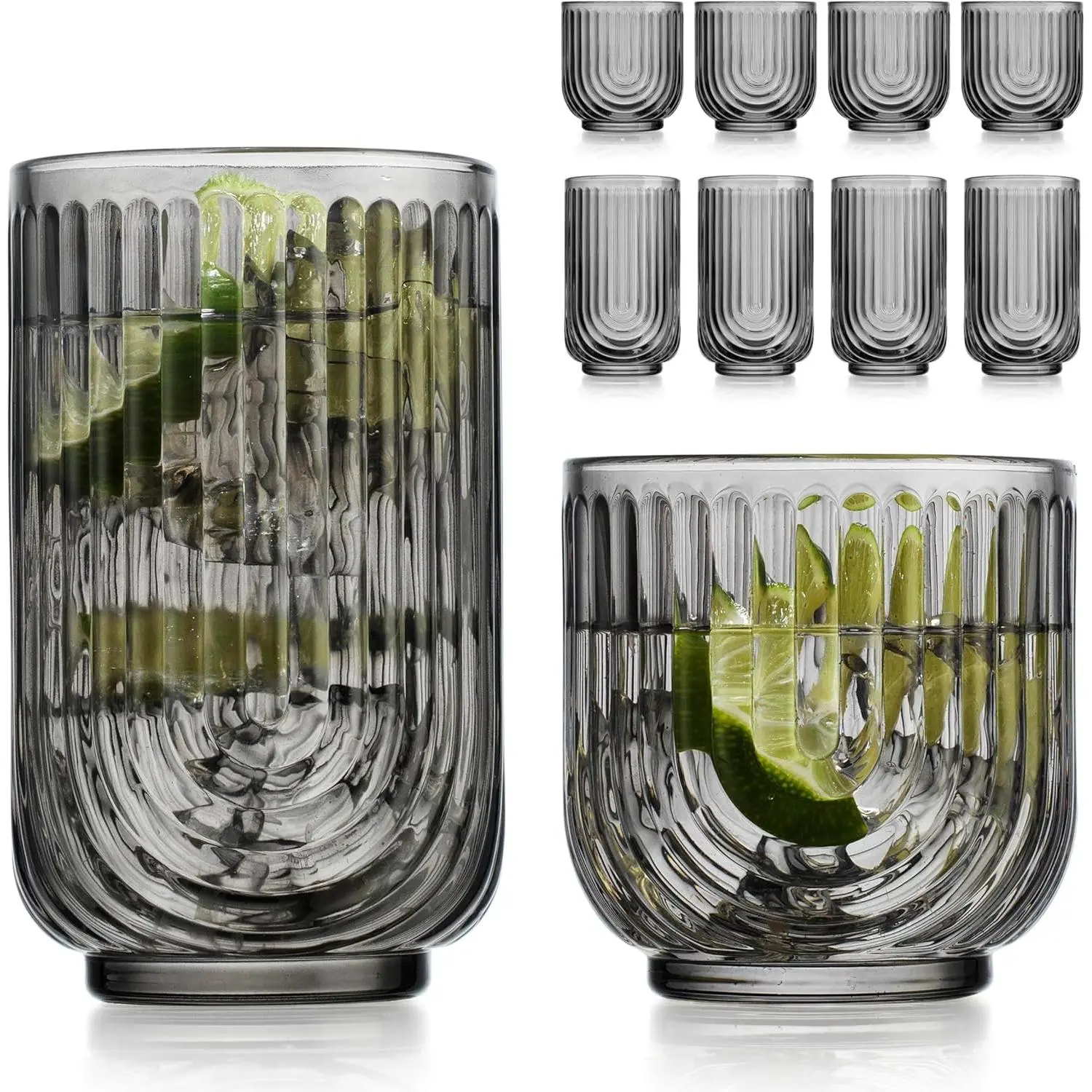 Glaver's 8 Piece Smoke Glassware Set, Art Deco Black Ribbed U-Shape Drinking Glasses, 4 Pcs 17oz Highball Glasses & 4 Pcs 11oz DOF Whiskey Glasses