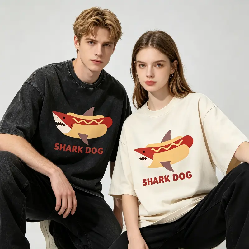 Retro Shark Dog Hot Dog Print T-Shirt Aesthetic Oversized Graphic Tee Funny Meme Streetwear Short Sleeve Top Casual Classic