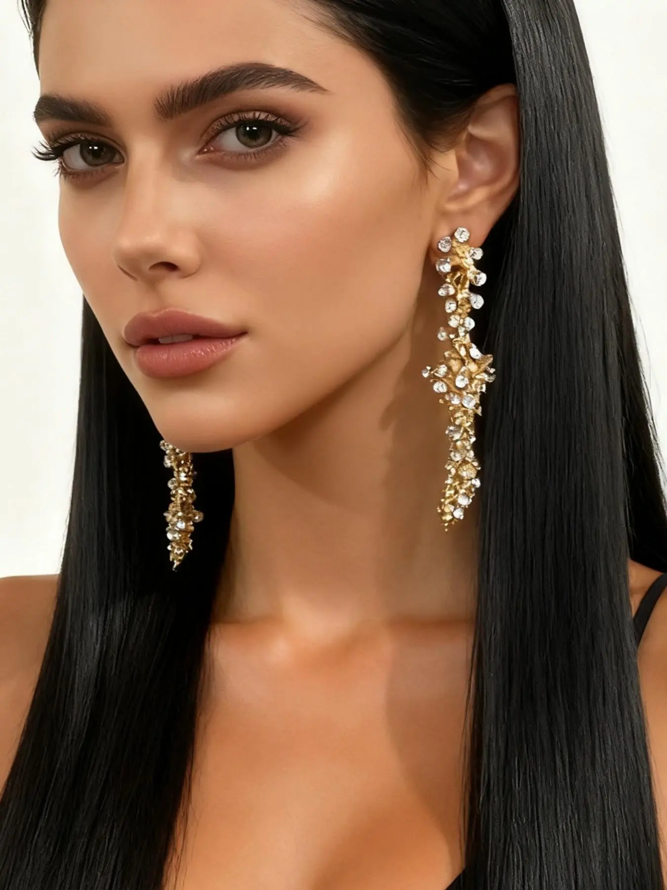 Rhinestone Waterfall Long Earrings, Luxurious Party Style, Asymmetrical Rhinestone Drop Design, Perfect for Evening/wedding Wear, Sparkling Ear Jewelry