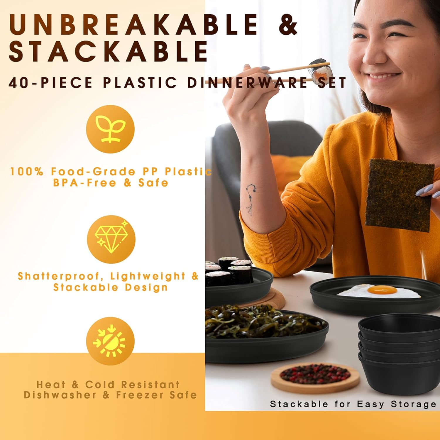 Plastic Dinnerware Sets - 40- Plates and Bowls Sets with Cups, , Forks and Spoons, Dishes Set for 8,  Unbreakable Kitchen Dishware for Apartment, Camping, Outdoor, Black