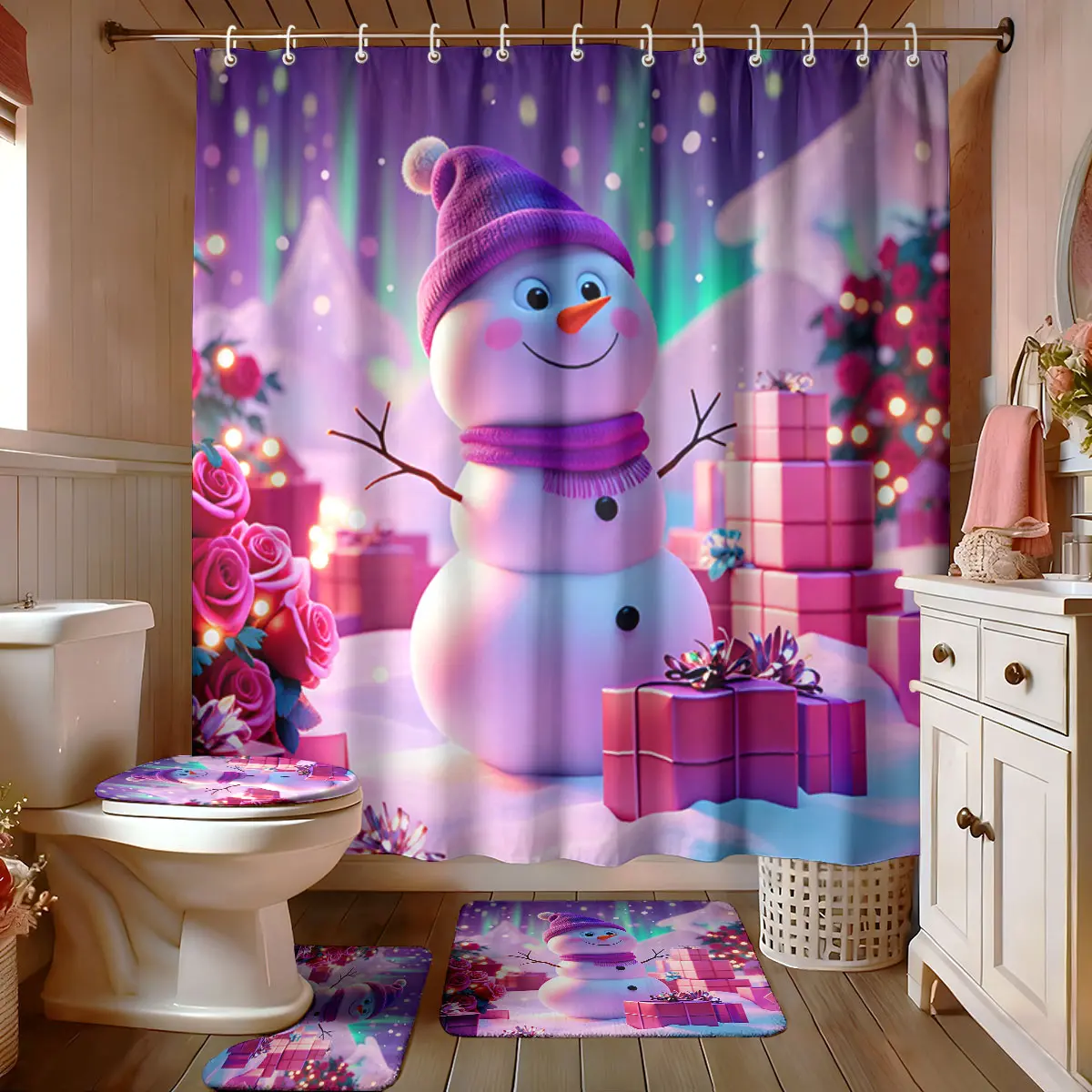 4‑Piece Digital‑Printed Bathroom Set,Christmas Snowman & Rose Pattern,Includes Shower Curtain,Bath Mat,U‑Shaped Cushion,Toilet Seat Cover,Suitable For Gifting