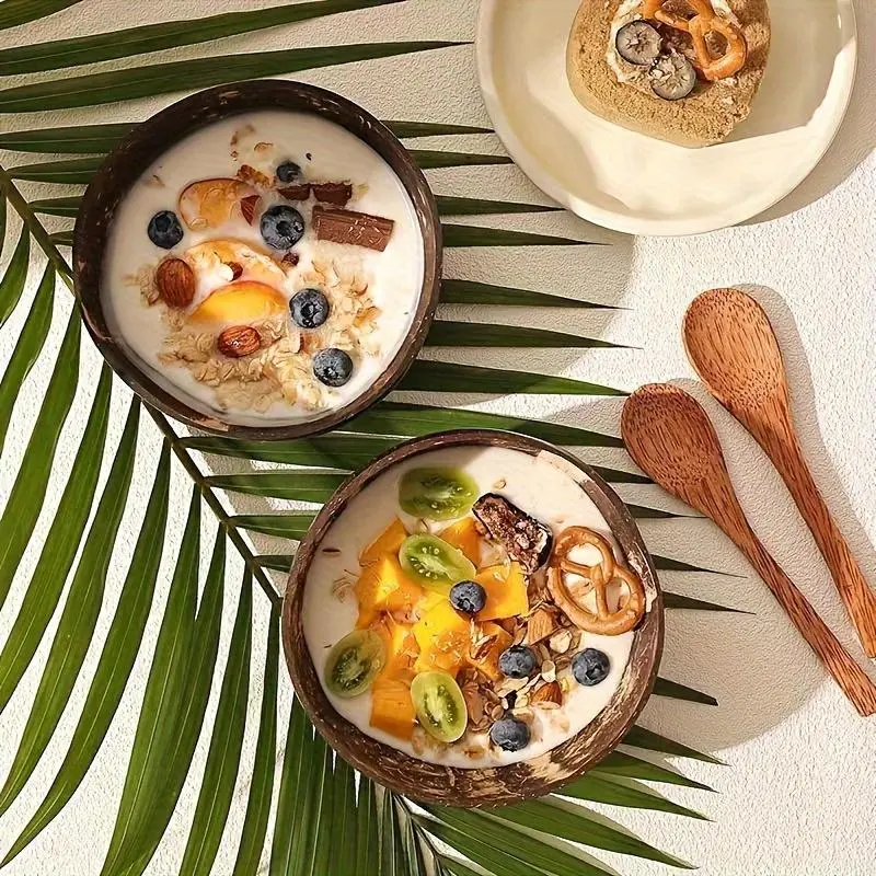 Coconut Shell Bowl & Spoon Set, 2 Counts/set Handmade Coconut Shell Bowl, Fruit & Salad Bowl, Sustainable Kitchenware for Home Use