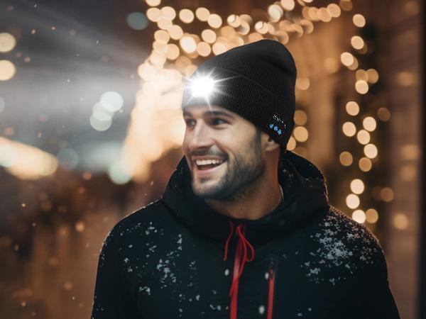 M1-BL10 Bluetooth Beanie with LED Headlight and Removable Speaker, USB Rechargeable warm Hat LED Hat for Music and Calling, sport,outdoor,Unisex Festivals/Birthday Gift