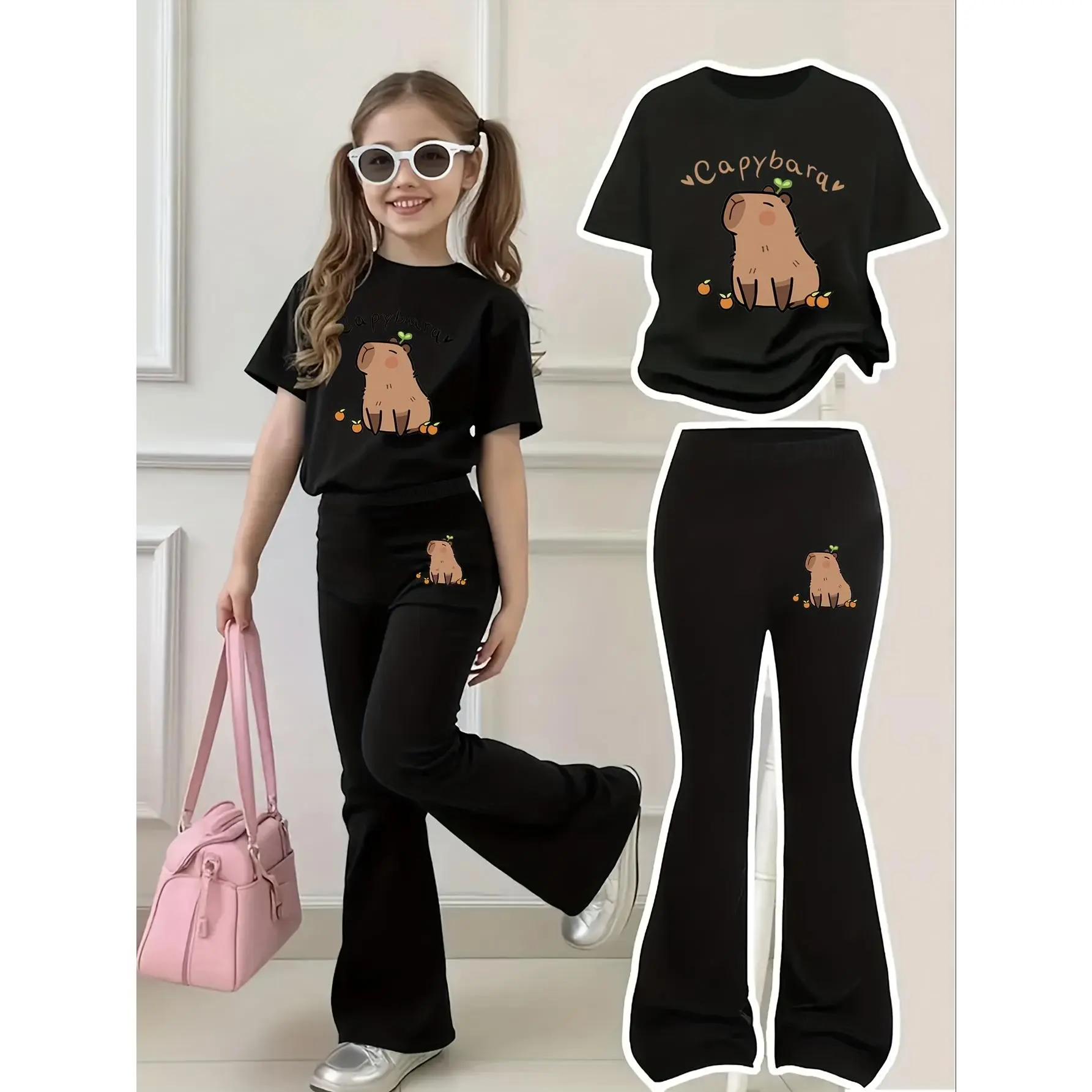 4-12 Year Old Girls' Cute Capybara Print Set! Short-Sleeved Top with Cartoon Capybara (Adorable, Surrounded by Small Oranges, with Super Cute Text Above), Paired with Flared Pants (Pant Legs Adorned with The Same Mini Capybara Print, for Outdoor