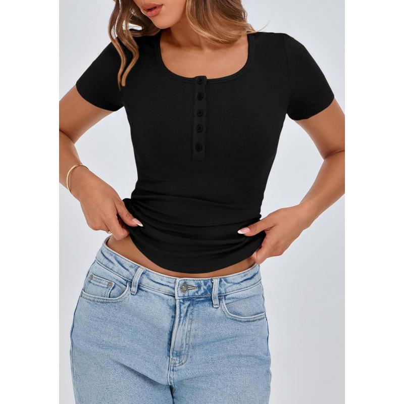 Women's 2026 Fall Summer Short Sleeve Tops Ribbed Henley Button Slim Fit Basic Casual T Shirts Blouse Clothing