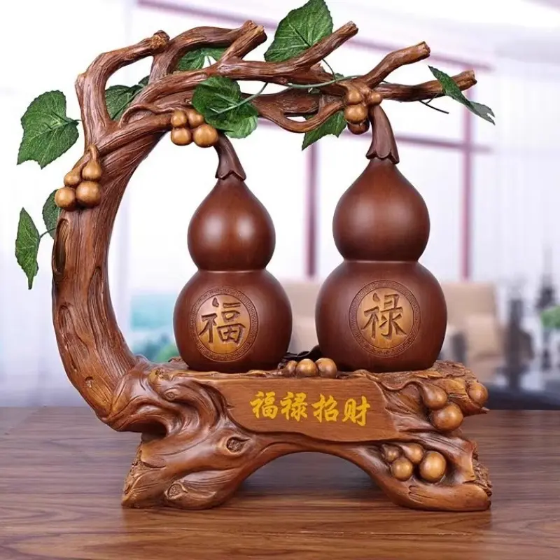 Fuk Lu Dual Gourd Ornament, Symbolizing Wealth and Prosperity, Elegant Wooden Texture, Ideal for Living Room, Office, Gift Option