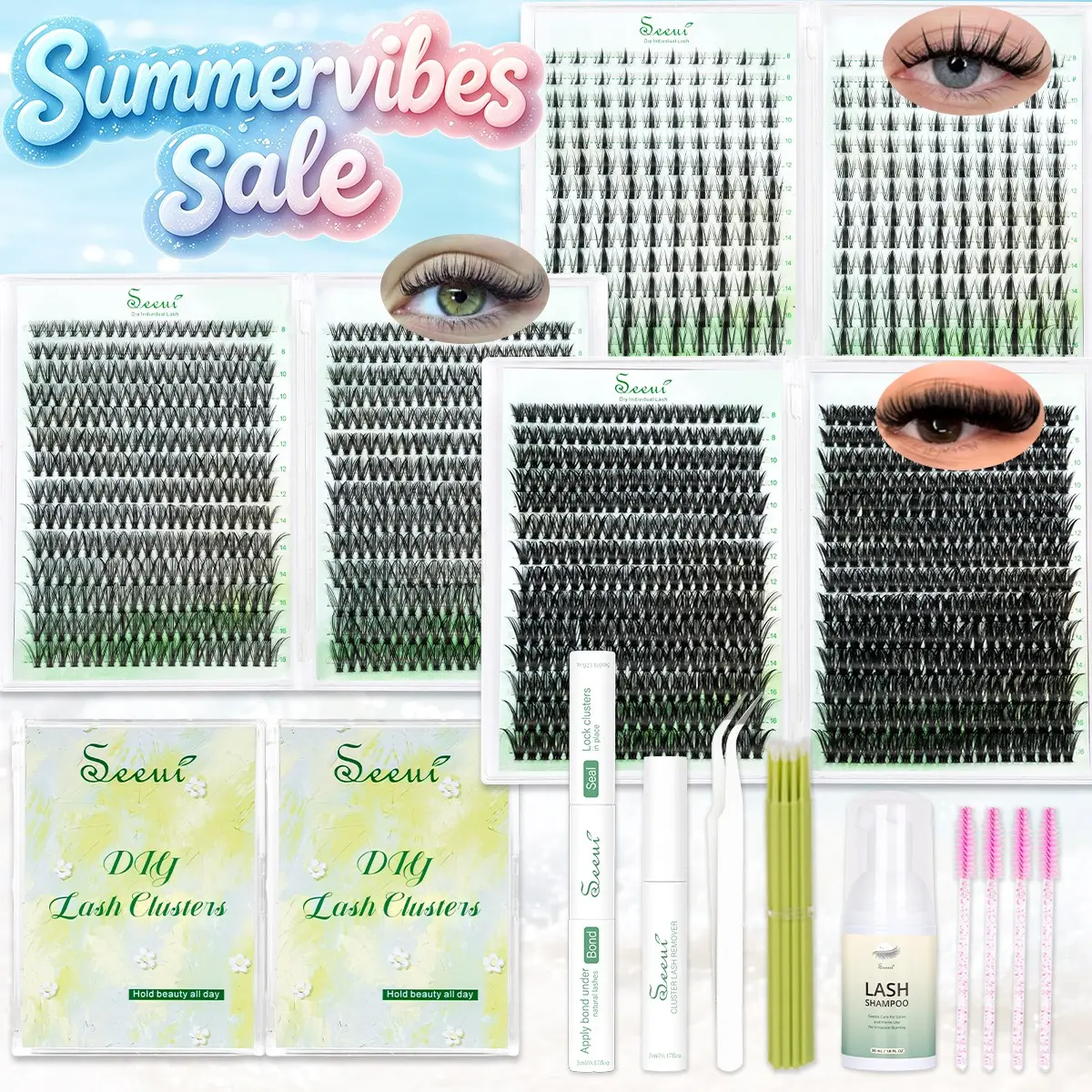 Spikes/30D-80D Thick Lash Clusters Set, 8-16mm, Manga/ Natural Look/ Baddie Look, D Curl, Soft & Lightweight, Volume Individual Eyelash, Long-Lasting Glam for Beginners, Bond&Seal, Remover, Tweezers, Lash Shampoo, Brush, Micro swabs