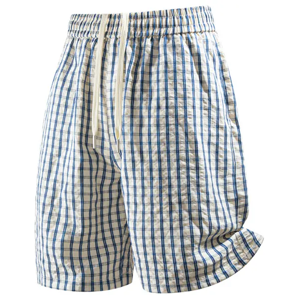 Summer Casual Men'S Woven Shorts, Versatile, Japanese-Style Bubble Plaid Drawstring Knee-Length Casual Shorts, Breathable And Cool, Suitable For Seaside Vacations And Home Use, Versatile Plaid Men'S Shorts #   SummerWins