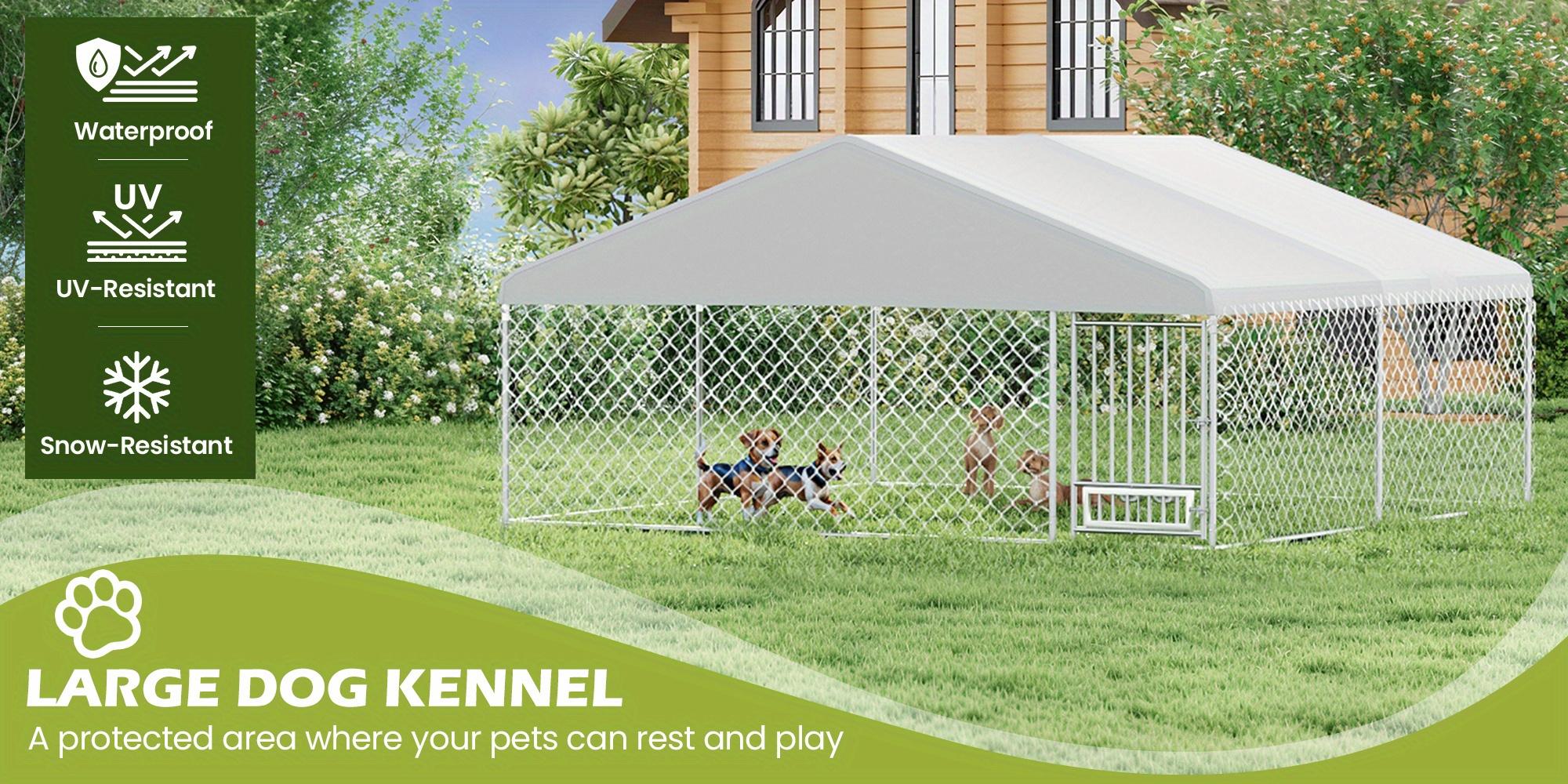 13'x13' Large Outdoor Dog Kennel, Heavy Duty Outdoor Dog Kennel with Waterproof Cover and Rotating Feeder, Galvanized Steel Metal Outside Dog Kennel with Lockable Door