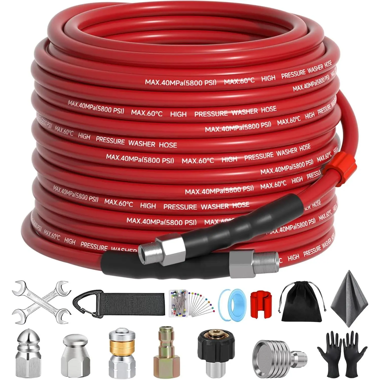 Sewer Jetter Kit 50FT for  Washer, 5800 PSI Drain er Hose 1/4 Inch NPT with  Nozzle, Button Nose and Rotating Sewer Jetting Nozzle, Spanner Teflon Tape  Corsage Pin