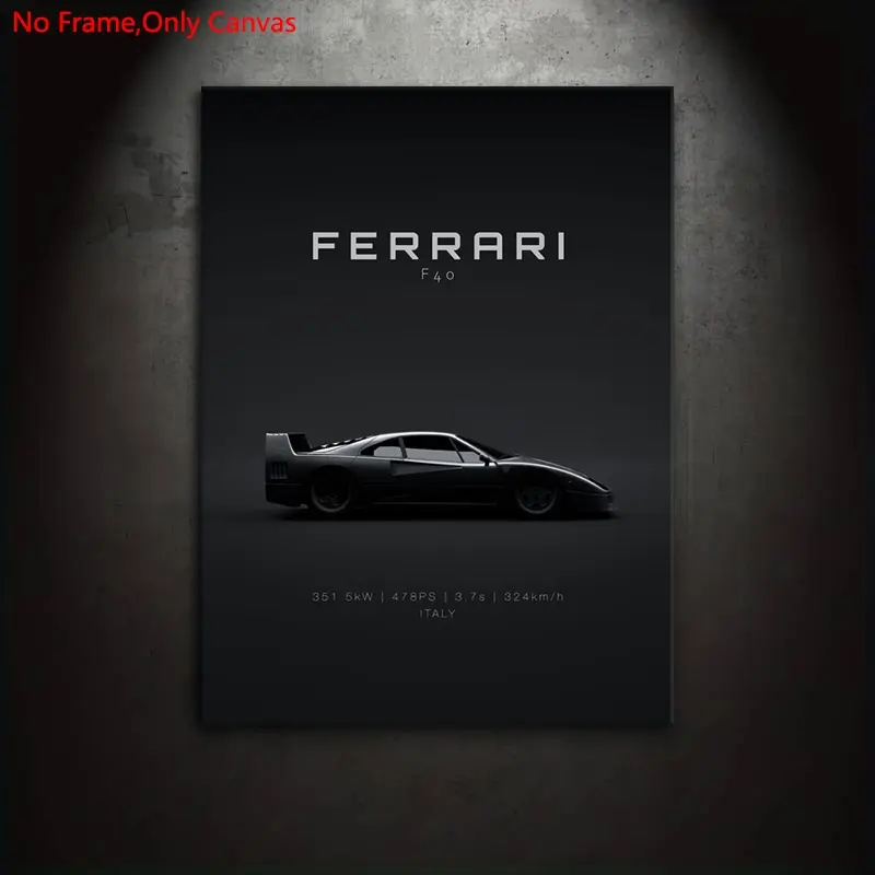 1 piece/set of frameless canvas painting print poster, classic minimalist vehicle art, super car 1987 Ferrari F40 Black, perfect gift for vintage car lovers, ideal gift for bedroom, living room, dormitory hallway, mural, wall decoration, room decoration
