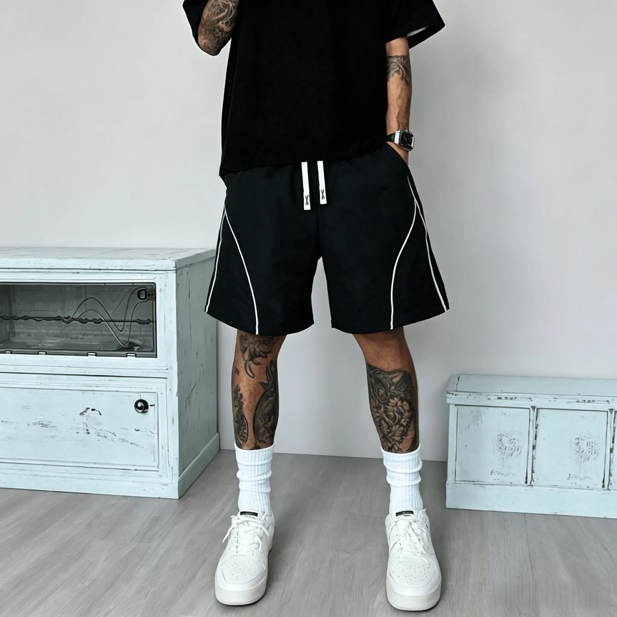 Men's Plain Knee-Length Active Gym Shorts - Adjustable Drawstring Waist, Curved Piping, Lightweight Breathable Loose Streetwear Clothing, Fast-Dry Fabric for Young Men, Summer Casual Performance Bottoms, Baggy Shorts, Men's Wear, Synthetics