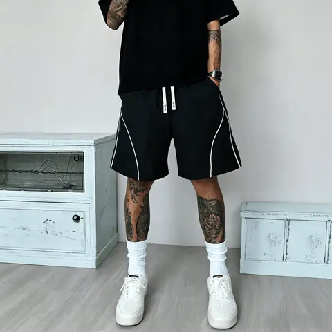 Men's Loose-Fit Plain Knee-Length Sports-Themed Streetwear Shorts - Polyester, Adjustable Drawstring Waist, Curved Piping, Lightweight, Breathable, Quick Dry, Moisture Wicking Active Gym Bottoms, Sports-Themed Men's Shorts, Streetwear Men's Shorts