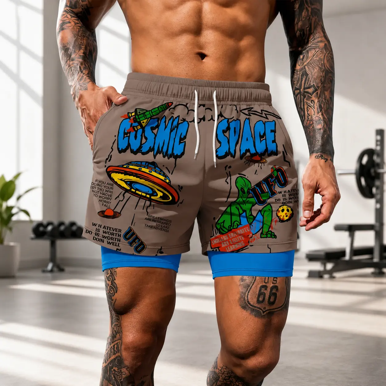Men's Alien Spaceship Print Casual Wear Shorts, Two-In-One Beach Pants Beachwear, Mid-Waist Hawaiian Vacation, Elastic Drawstring Waistband
