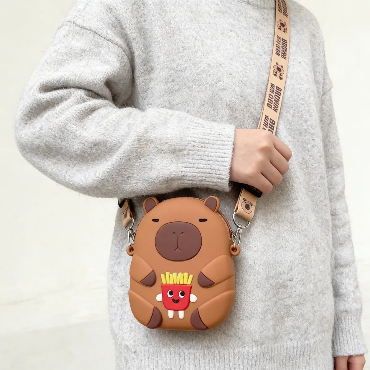 Cute Sweet Capybara Crossbody Bag for Women, Silicone Bag with Loose Storage, Adjustable Strap and Pinch Zip Decompression Toy, Soft Silicone, Cartoon Print, Daily Casual, Decompression Pinch, Loose Space, Do Not Wash, Student Parties
