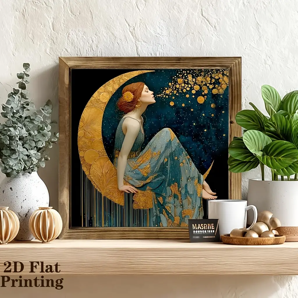 2D Flat, 1pc Vintage Elegant Maiden on the Moon Wall Art - 8x8 Inch Wooden Framed Print, Vintage Religious Home Decor, Versatile for Hanging or Tray Display in Kitchen, Bathroom, Cafe, Farmhouse, Vintage Home Decoration, Suitable for Valentine's Day