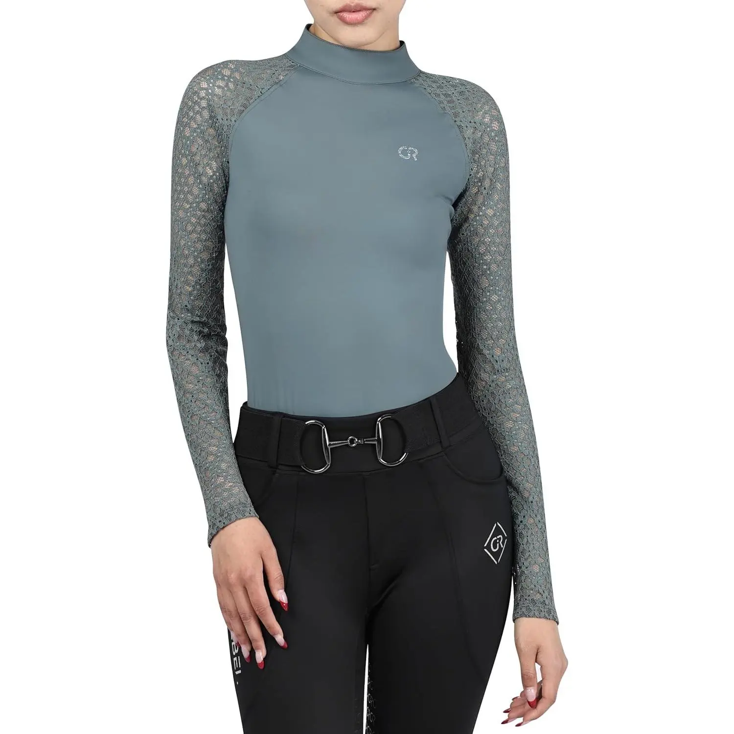 Womens Lace Equestrian Show Shirt, Long Sleeve Breathable Horse Riding Top