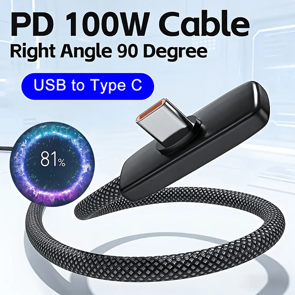 100W Fast Charging USB-C Cable, 90-Degree Right Angle Data Cord for Smartphone, Compatible with Samsung, MI Mobile Phone Chargers
