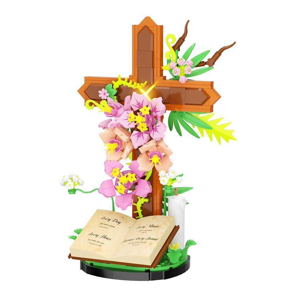 MOC Cross Flower Building Blocks Jesus Cross Tulip Decorative Bricks Adult Toy Christmas Gift