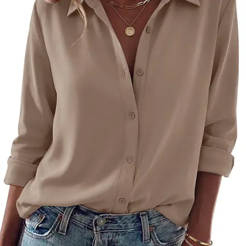 Women's Casual Long Sleeve Button Blouse, Versatile Simple Shirt Top, Casual Everyday Tops, Suitable for Work and Daily Wear