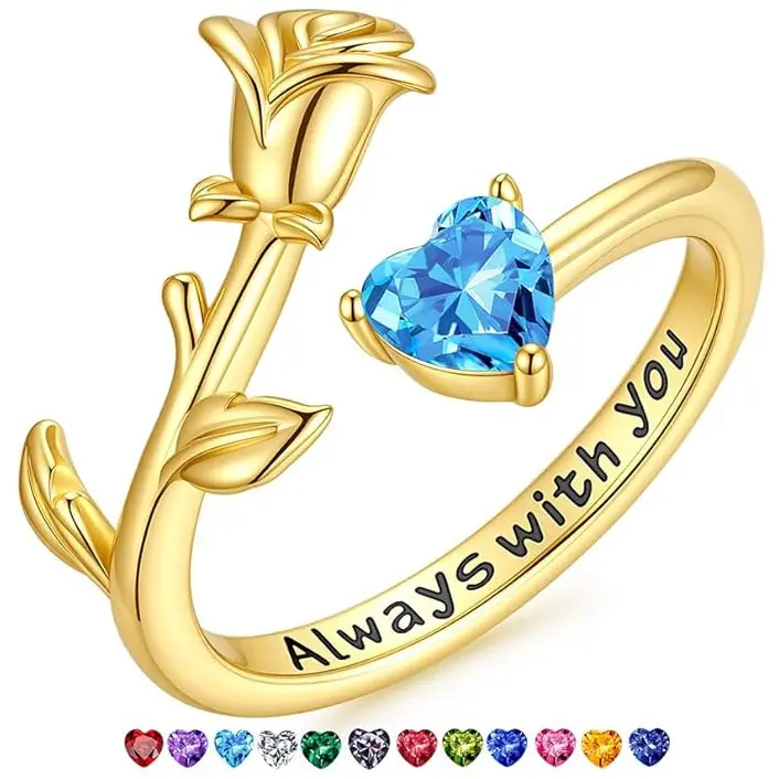 Female Wear 12 Birthstone Rose Ring - 2026 Copper Base Fashion Accessory, Feminine Look, Light Luxury, Versatile, Personalized Birthstone Rings for Personal Gift, Rose Motif, Women's