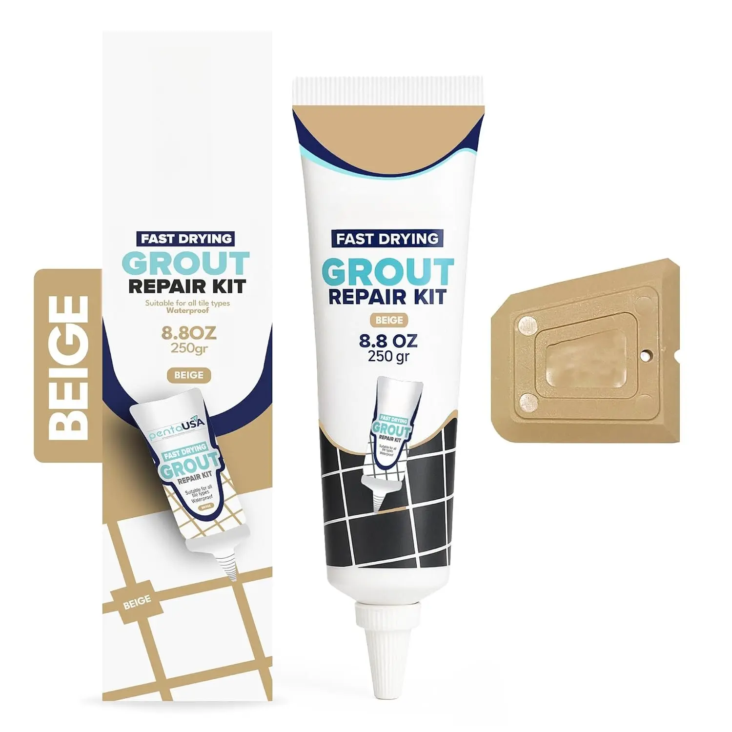 Warm Beige Tile Grout Repair Kit - Premixed Sanded Grout for Bathroom Shower Kitchen Floor, Beige Collection, Water-Resistant Filler Tube with Applicator, Easy DIY Restore (8.8oz / 250g)
