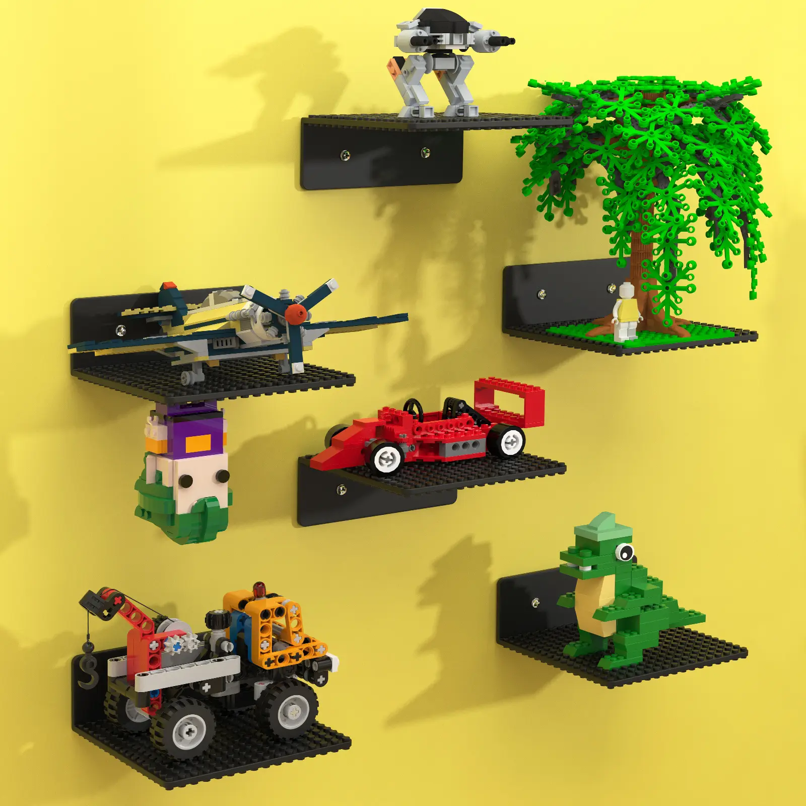 BlissBox Dual Sided 6-Pack Floating Shelves for Wall Compatible with Lego Building Bricks, 5x5.5inch 16x17 Studs for Minifigures Toy Brick Storage and Display, ABS Display Shelves for Room Decor, Black