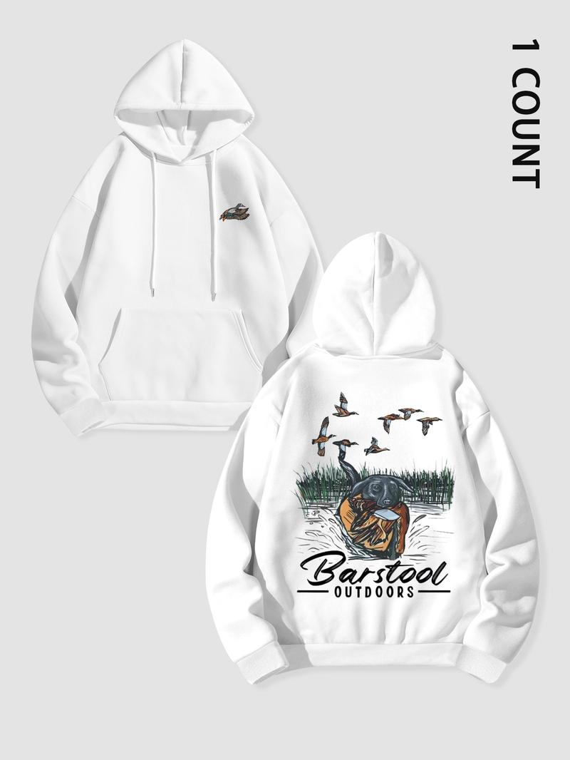 Unisex Men's Duck Hunting Graphic Print Pocket Drawstring Hoodie, Regular Fit Casual Long Sleeve Hooded Sweatshirt, Men's Top for Outdoor Activities