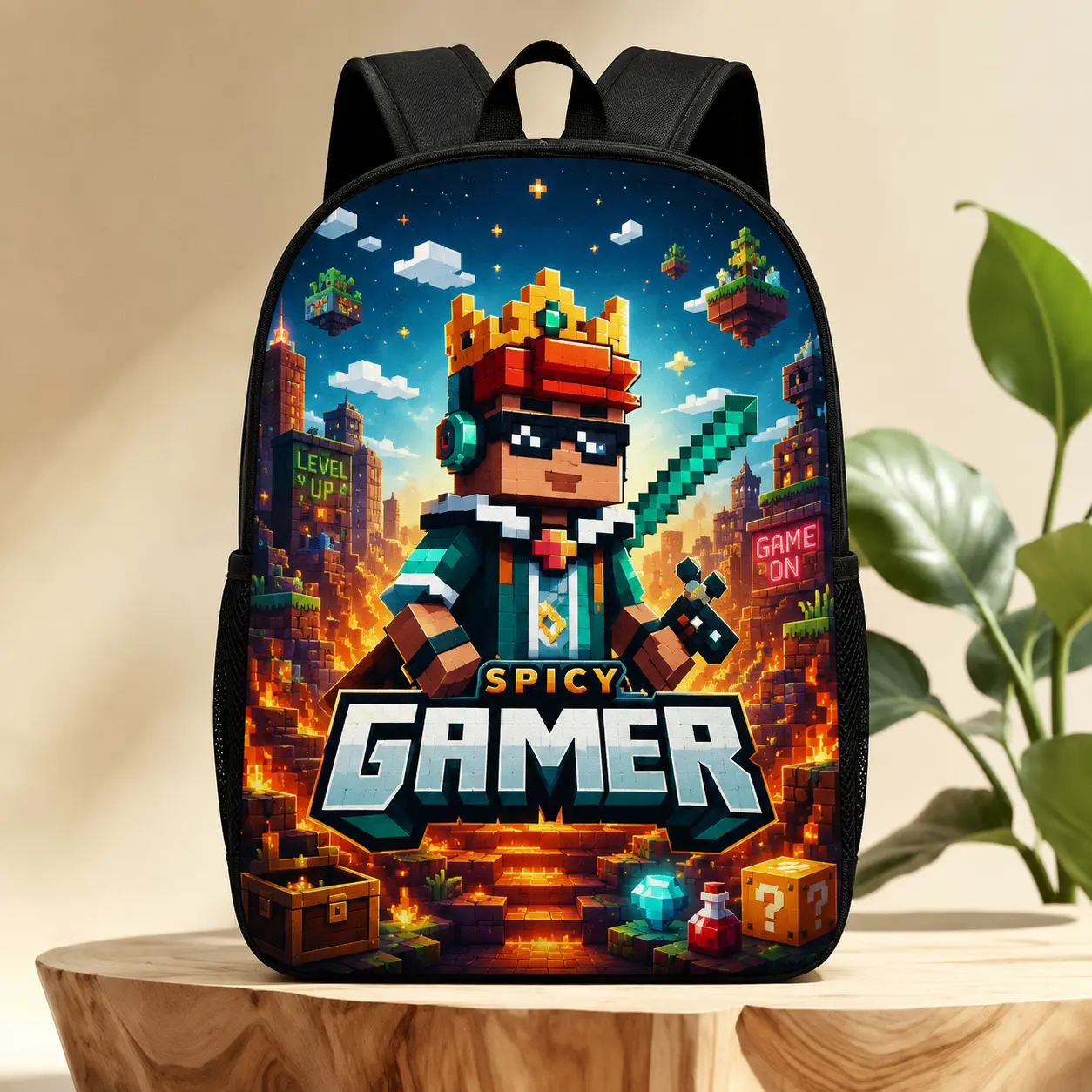 1 Large Retro Gaming Backpack – Suitable for students and daily use; features a pixel-style "Gamer Crown" print, adjustable straps, and a lightweight, durable, multi-functional design; zipper closure; 2D flat-style aesthetic.