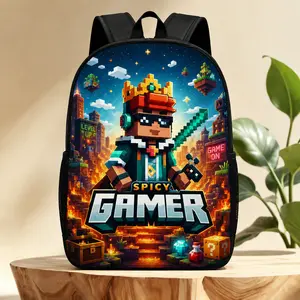 1 Large Retro Gaming Backpack – Suitable for students and daily use; features a pixel-style "Gamer Crown" print, adjustable straps, and a lightweight, durable, multi-functional design; zipper closure; 2D flat-style aesthetic.