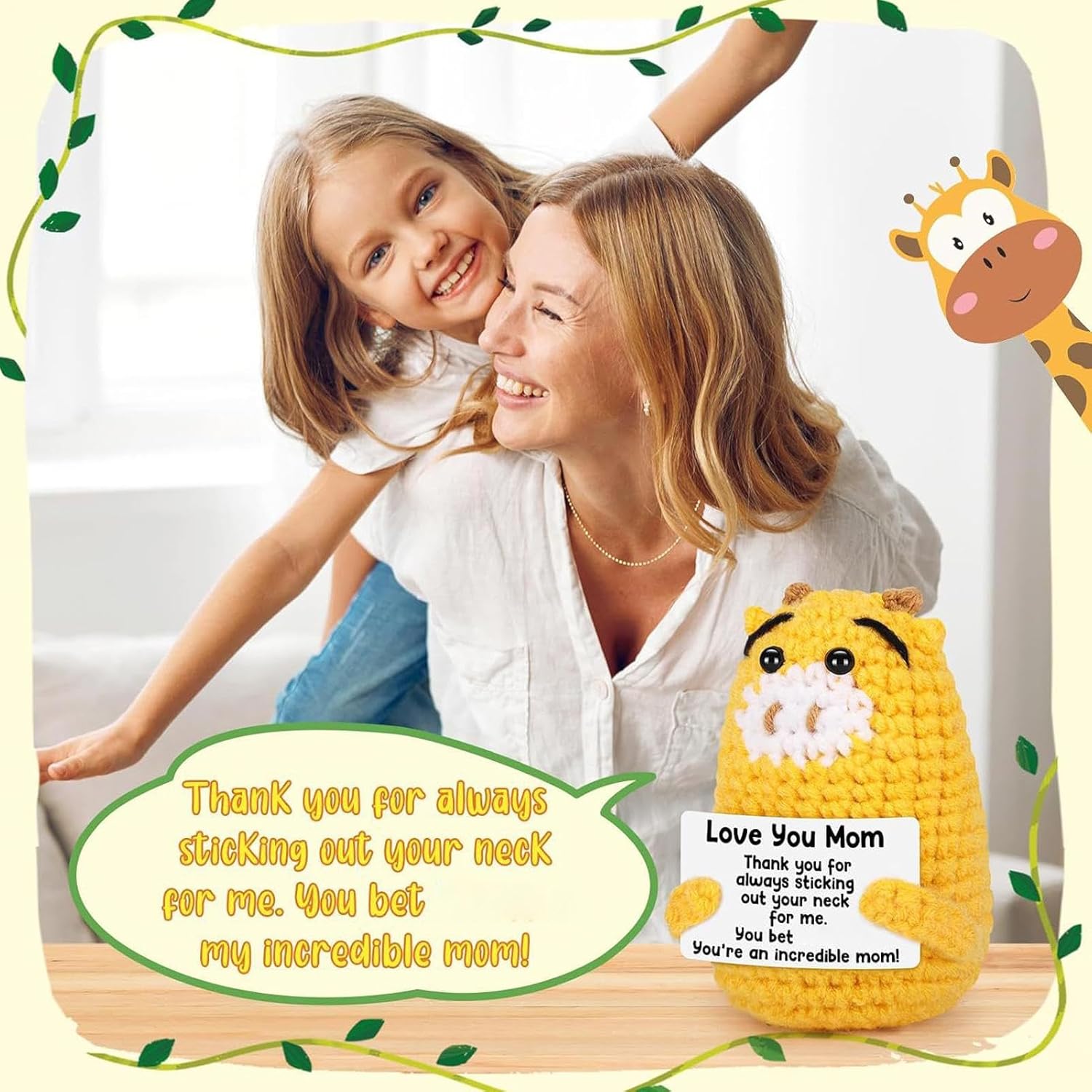 Adorable inspirational crochet giraffe with positive message card! Sweet emotional support animal for kids, adults, coworkers and friends, great for appreciation and encouragement. Soft, charming and meaningful, alovely little gift to lift spirits anytime