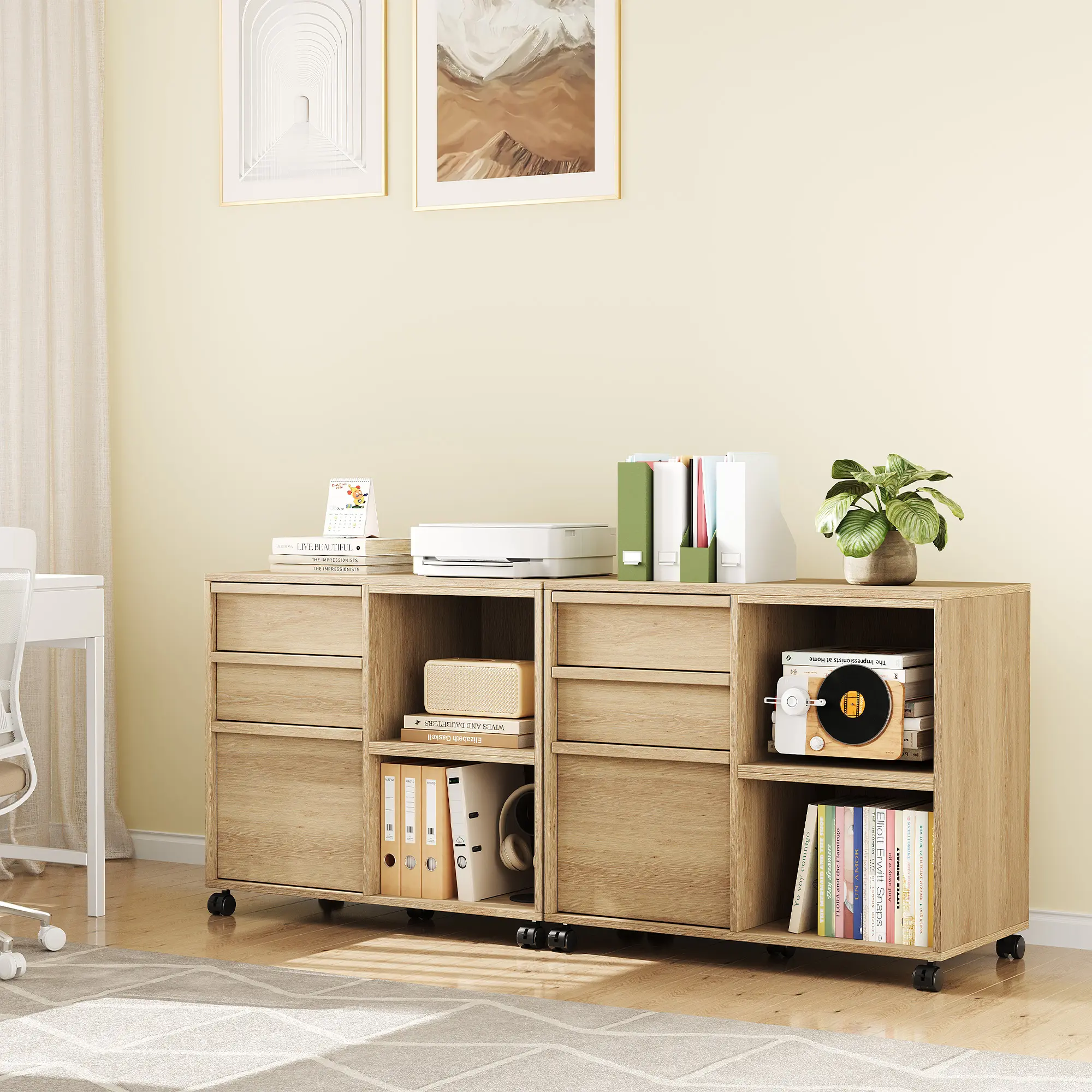 3 Drawer Rolling File Cabinet, Mobile Lateral Filing Cabinet with Open Storage Shelves, Lockable Wheel Printer Stand,Office Storage Cabinet