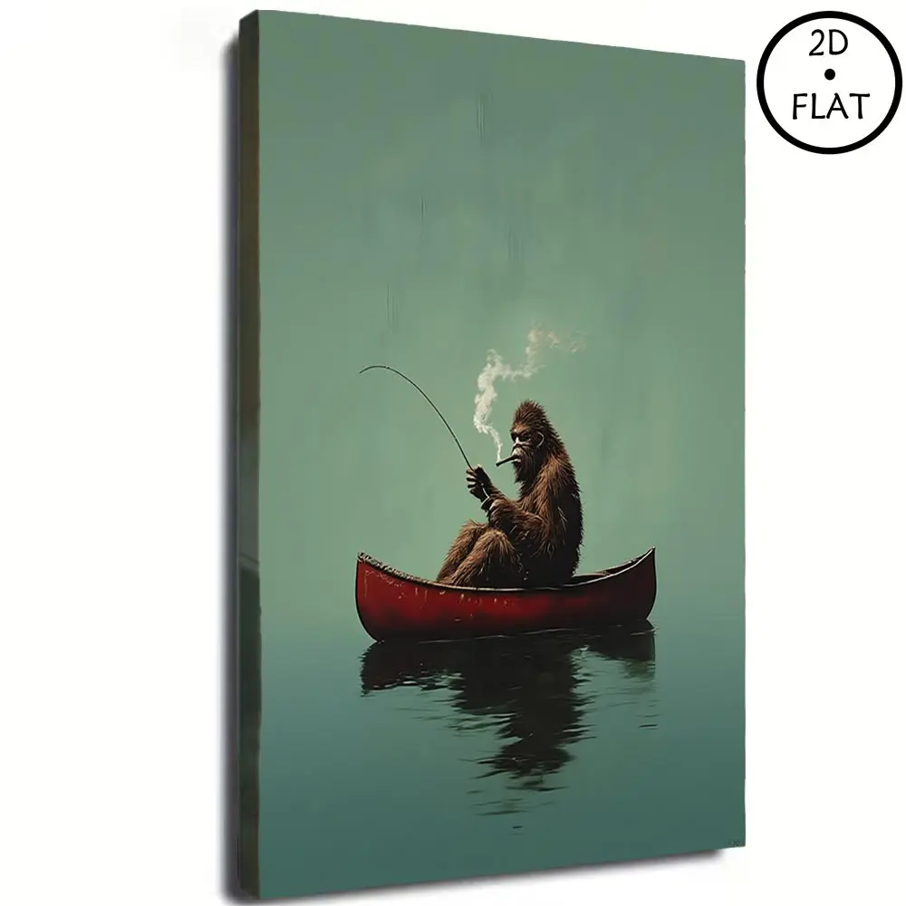 Vintage Western Wall Decor, Sasquatch Fishing Canvas Print, Bigfoot in Canoe Art Poster, Funny Rustic Artwork for Living Room, Bedroom & Office Decoration dopamine items