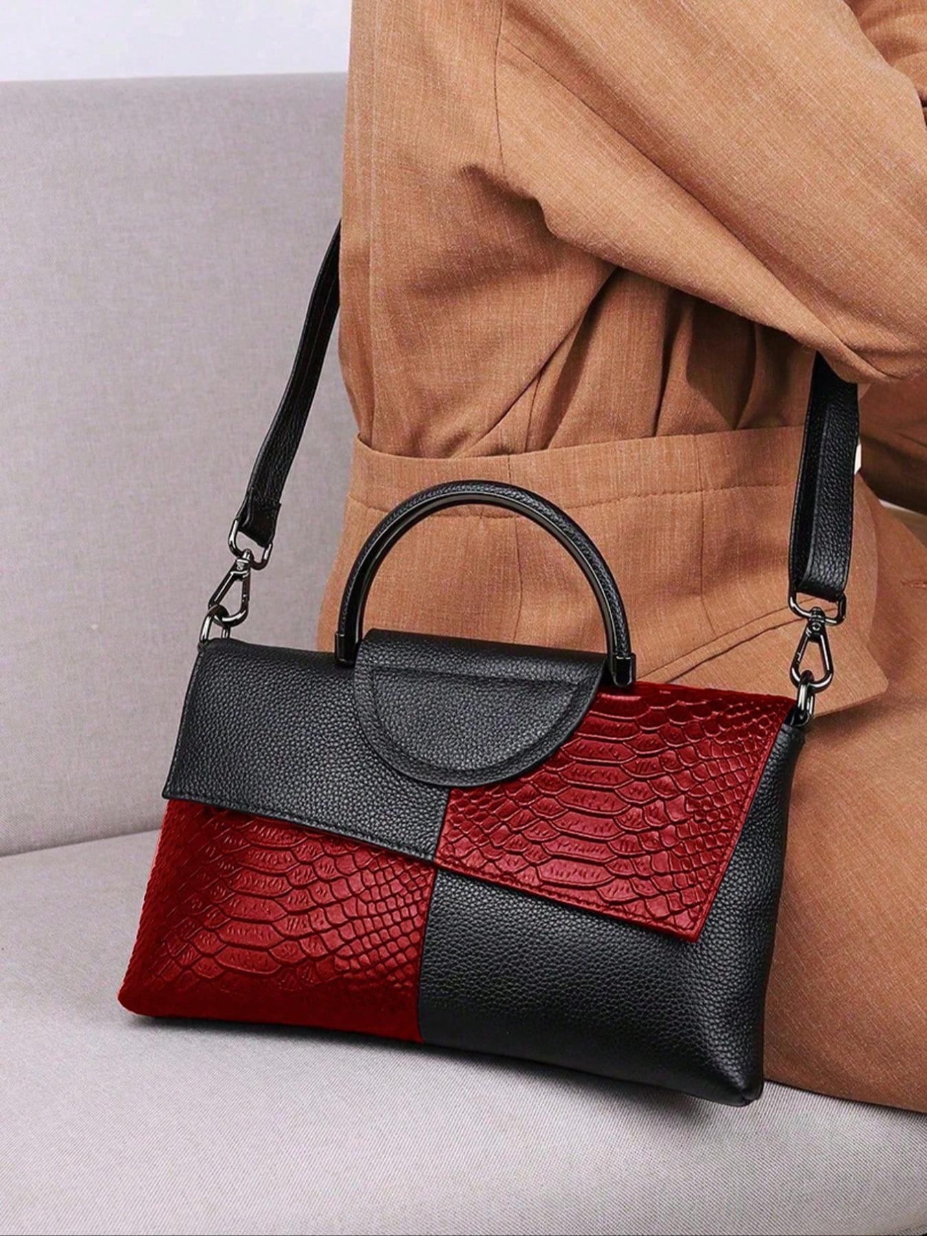 Women's Fashionable Colorblock Snakeskin Embossed Handbag, Elegant Shoulder Bag for Party, Trendy All-match Crossbody Bag for Daily Use, Flap Crossbody Purse