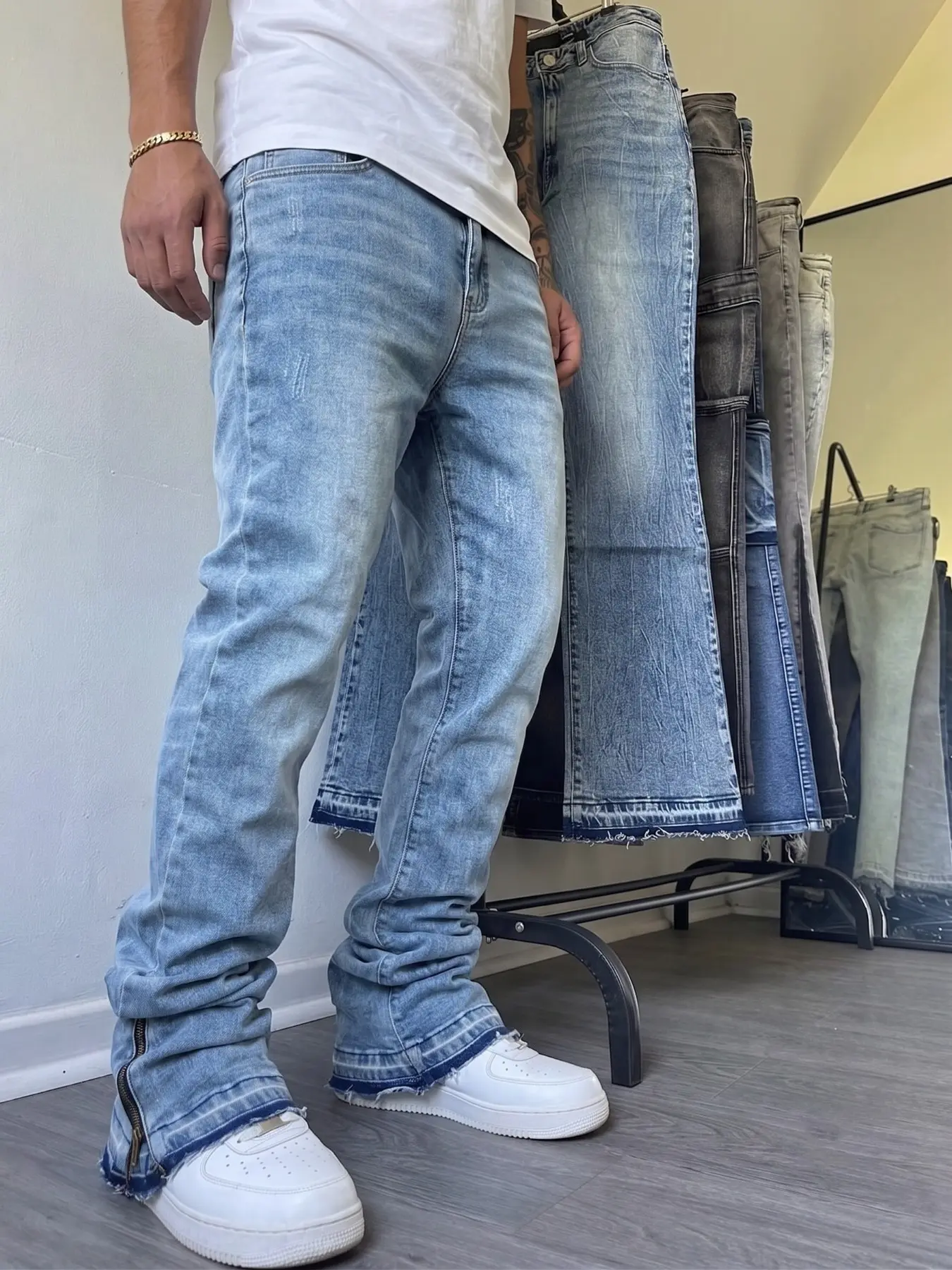 Men's Light Blue Washed Ripped Bell Bottom Jeans, Side Zipper, Vintage Y2K Streetwear, Fitted, All Seasons, Plain Pattern