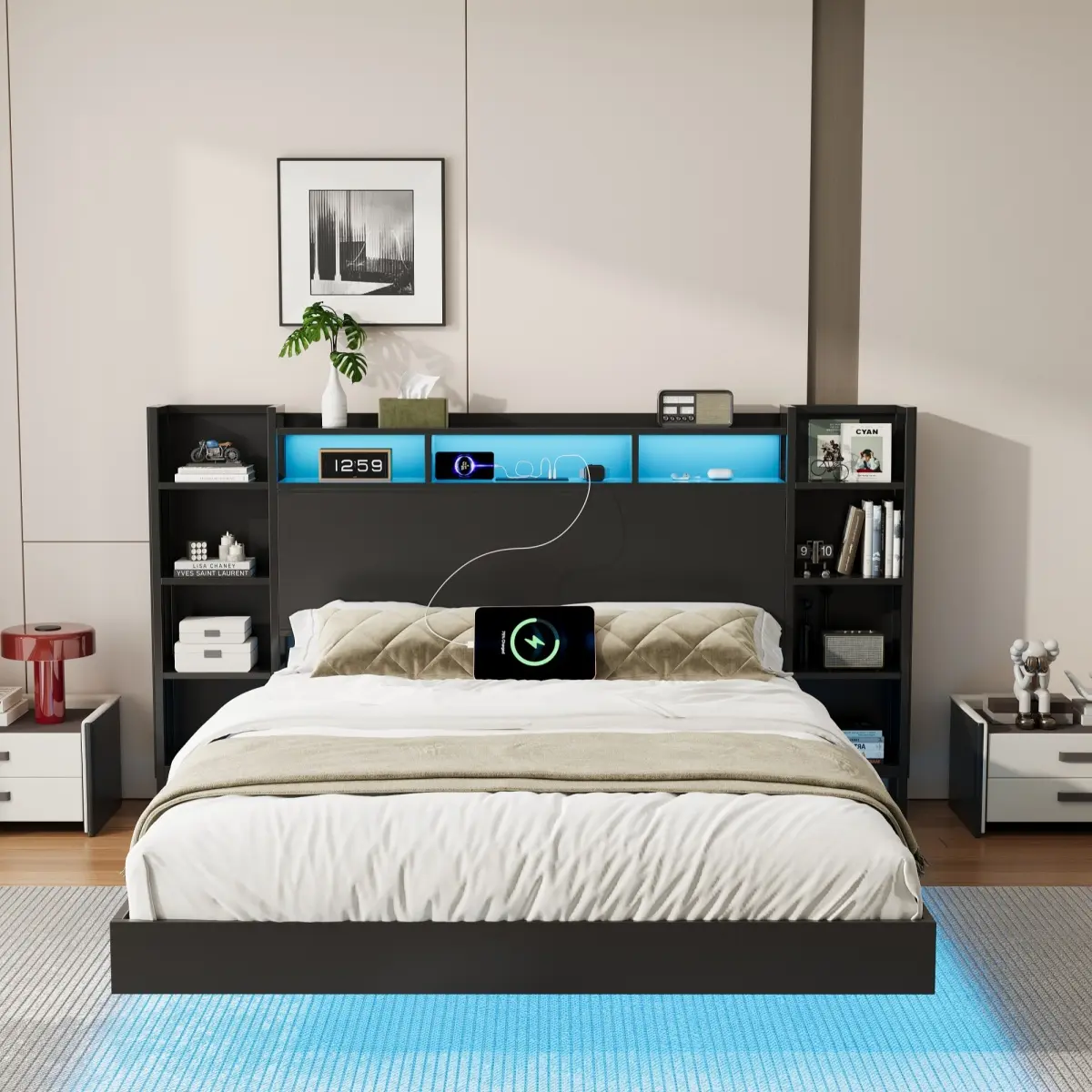 Queen Size Floating Bed Frame with Storage Headboard, USB Charging Station,  Led Light, Heavy Duty Metal Platform Bed Frame, No Box Spring Needed, Black