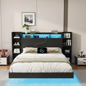 Queen Size Floating Bed Frame with Storage Headboard, USB Charging Station,  Led Light, Heavy Duty Metal Platform Bed Frame, No Box Spring Needed, Black