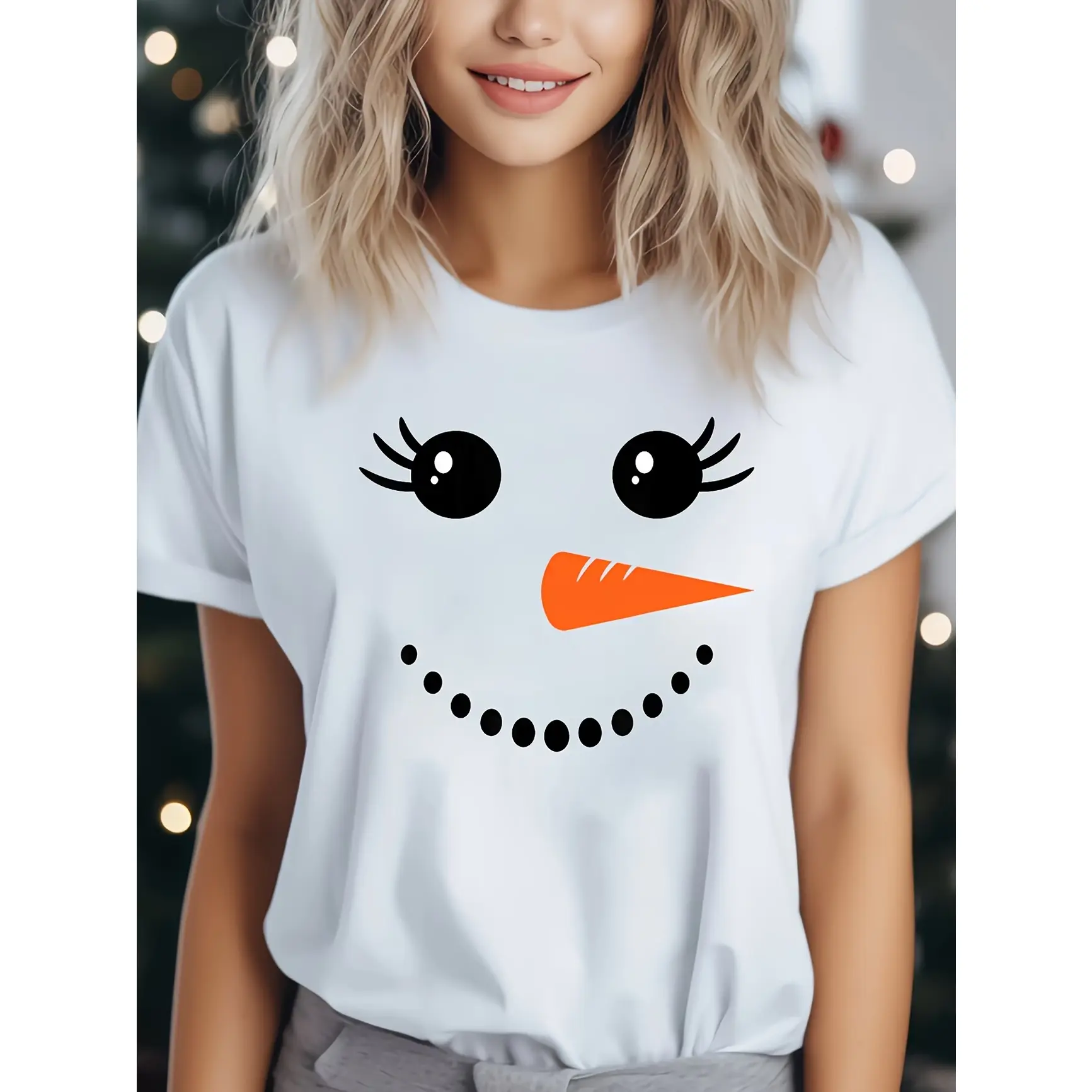 Cute Snowman Face Winter Christmas Graphic Oversized Cotton T-Shirt, SummerVibes,Holiday Cute Fashion Comfort Outfit Tee, Perfect Christmas Valentine Gift For Him Her Family Friends