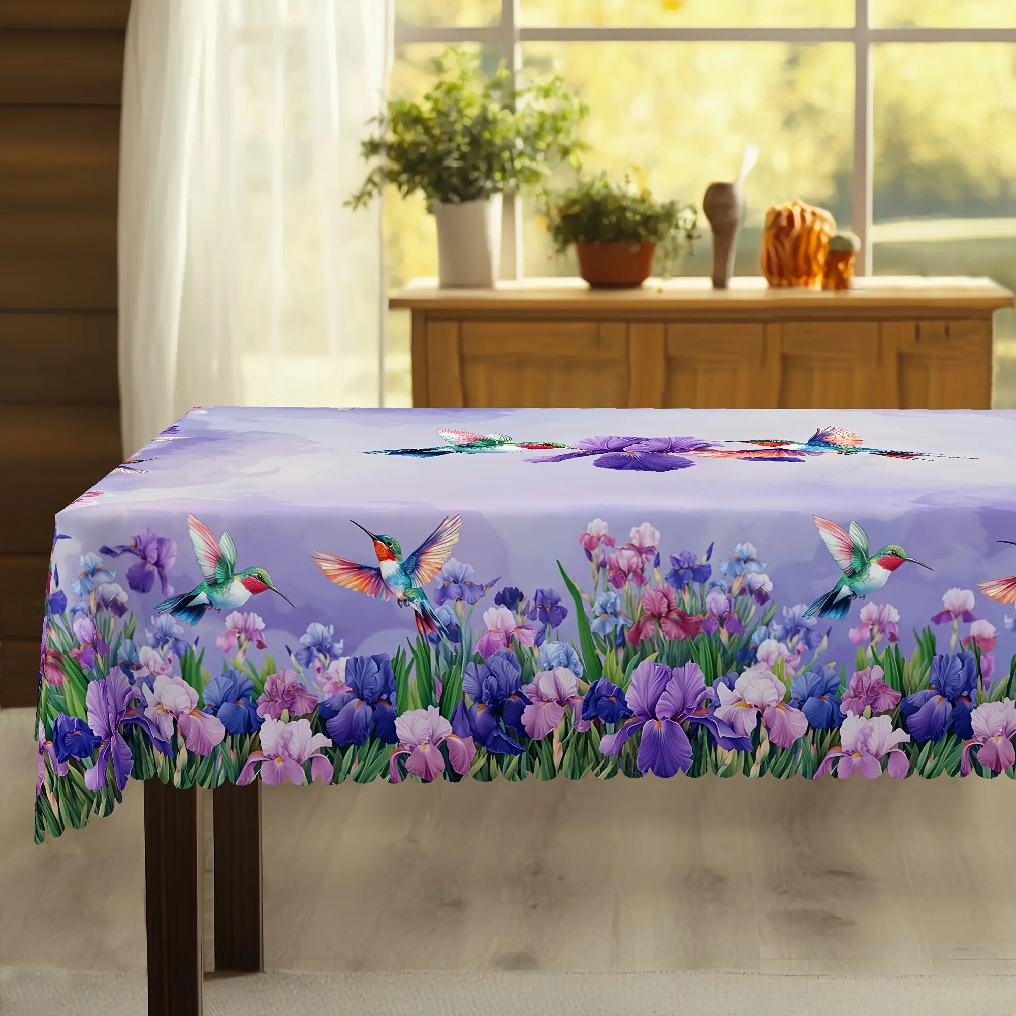 Purple Lavender Hummingbird Floral Lace Tablecloth, Waterproof and Stain-resistant Reusable Square Tablecloth, Suitable for Living Room, Dining Room and Hotel Decoration