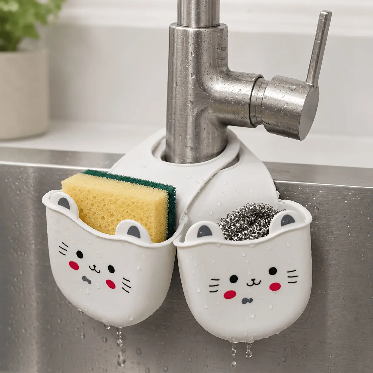 1pc Cute Cat-Shaped Silicone Faucet Storage Rack with Drain Holes & Sponge Compartment - Space-Saving Multi-Sink Organizer, Sturdy Drainable Sponge Shelf, Quick-Dry Drain Rack for Kitchen, Bath & Shower Storage, Cute Decorative Sink Side Ho,handsoapholder