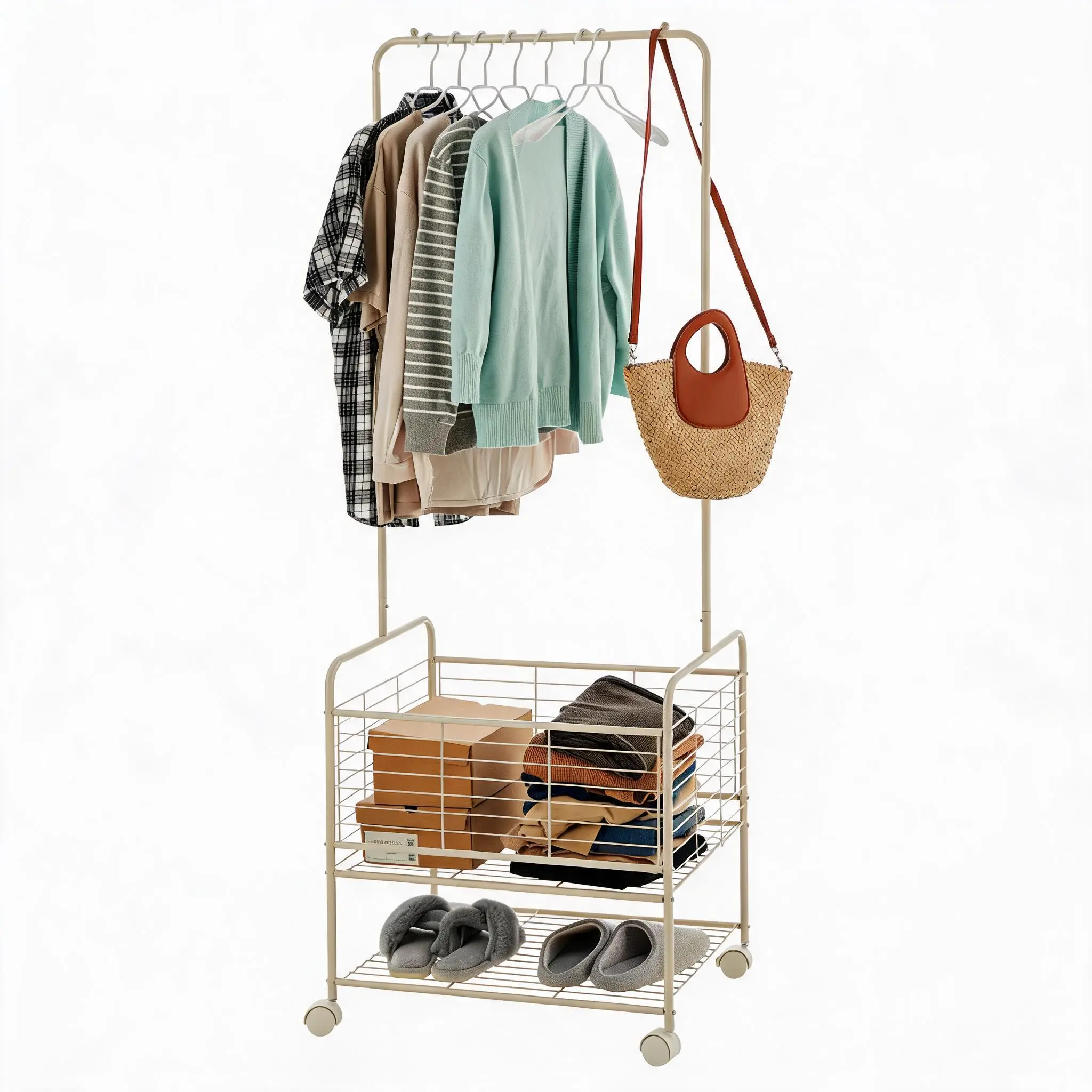 Heavy Duty Rolling Clothes Rack with Wheels - Freestanding Metal Garment Organizer with Storage Basket - Portable Laundry Cart and Hanging Rack for Laundry Room, Bedroom