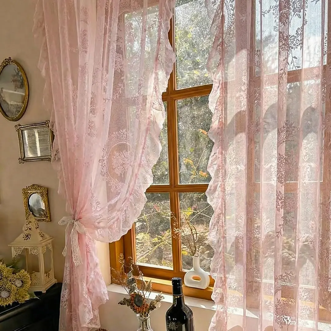 102 Inches Long Pink Lace Curtains for Bedroom 2 Panels Set Vintage Boho Curtains Sheer Floral Embroidery Ruffled Window Treatment Rod,55 X 102 Inch,Pink