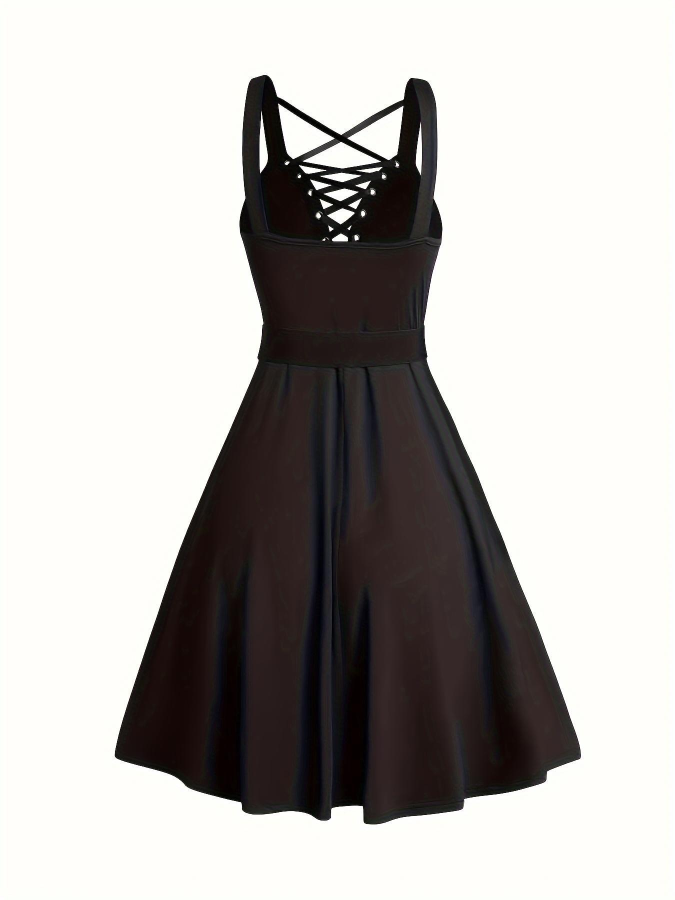 [Plus Size, Stretchable] Gothic Lace Up Grommet Eyelet Tie Front A Line Dress, Soft Jersey High Waist Buckle Belted Sleeveless Short Dress for Party Club Dating Wear, Women's Plus Clothing for Summer, Dresses for Women, Plus Size Formal Dress