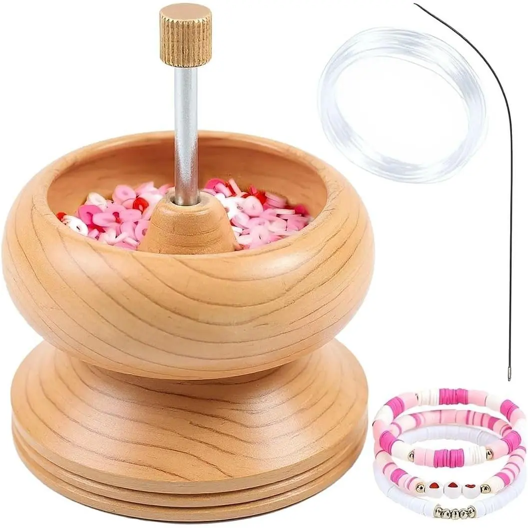 Clay Seed Bead Spinner for Jewelry Making - Pinewood | Rotating Bowl, Big Eye Beading Needle, 3m Wire, Bracelet Necklace Maker, 5.25 Inch