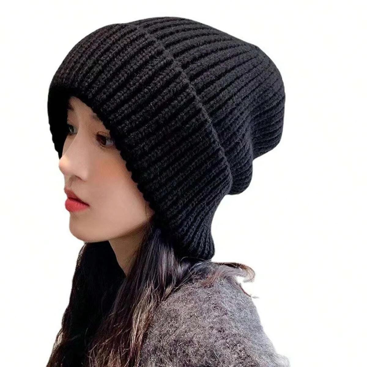 Women Style Solid Color Thick Knit Pile Hat, Knitted Hat for Fall and Winter, Warm and Ear Protection, Loose and Casual Cold Hat