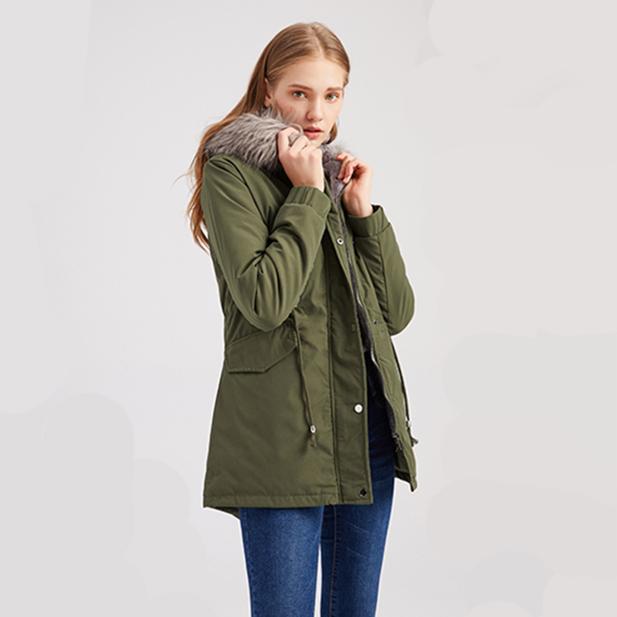 Women's winter warm coat, warm fleece parka, windproof mid-length jacket, hooded padded jacket, zipper and button design, suitable for winter wear