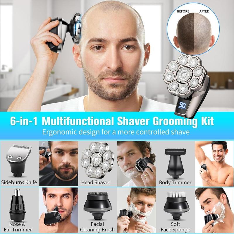 6-in-1 Electric Head Shaver, Waterproof Wet/Dry Grooming Shaver & Accessories, Cordless Rechargeable Bald Head Razor for Home & Travel, Multifunctional Epilator