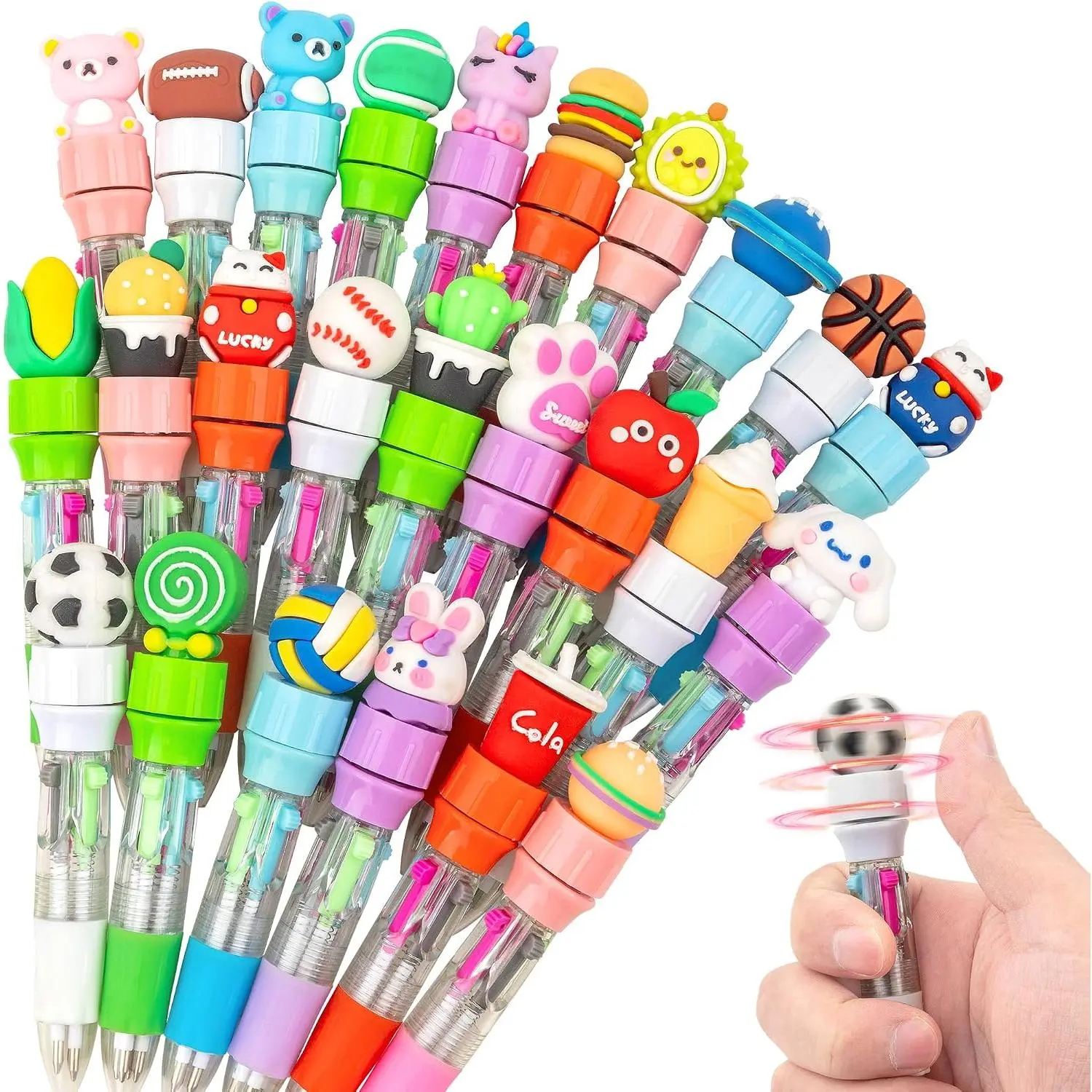 25-Pack Multicolor 4-in-1 Fidget Ballpoint Pens with Synthetic Cartoon Tops, Cute Themes, Classroom Prizes & Office Stationery Supplies